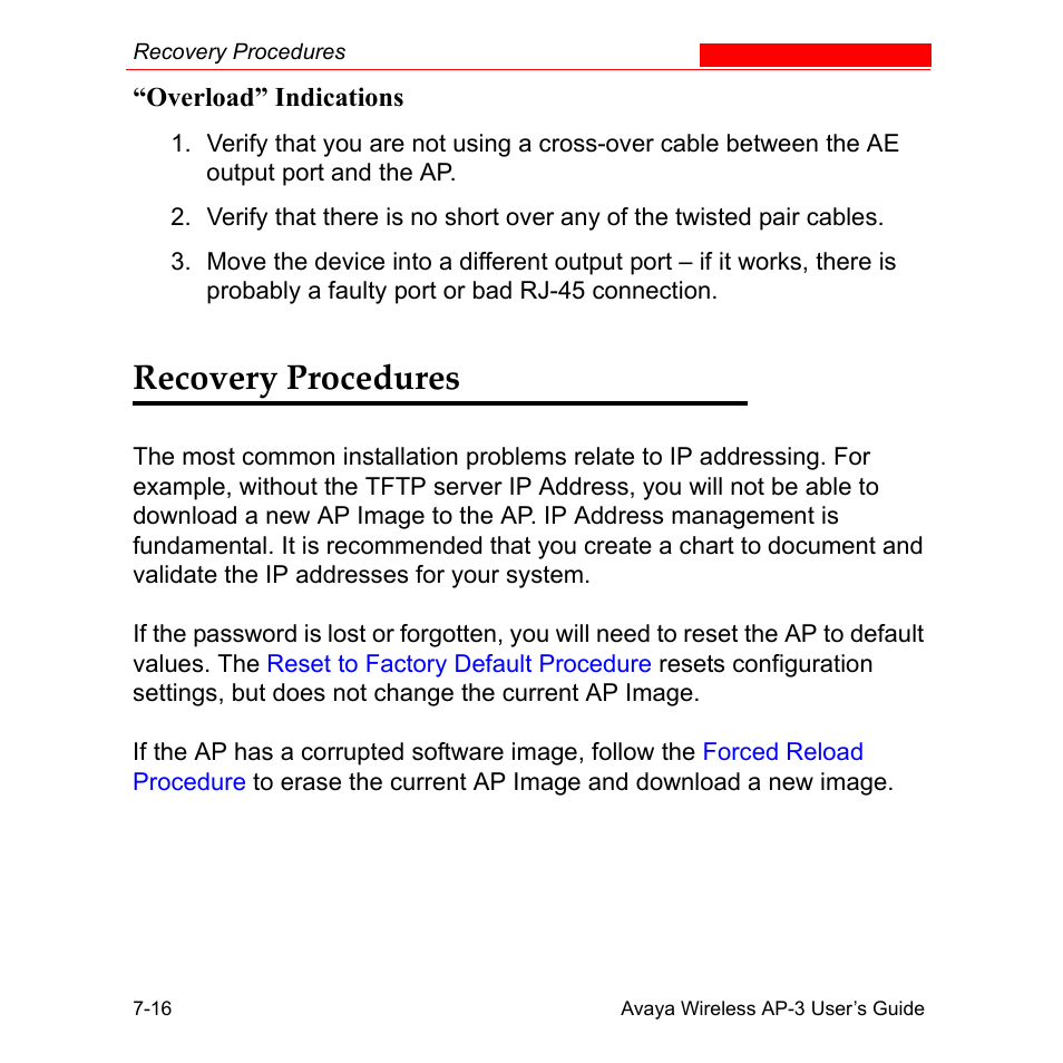 Overload” indications, Recovery procedures, Overload” indications -16 | Recovery procedures -16 | Avaya Wireless AP-3 User Manual | Page 271 / 425