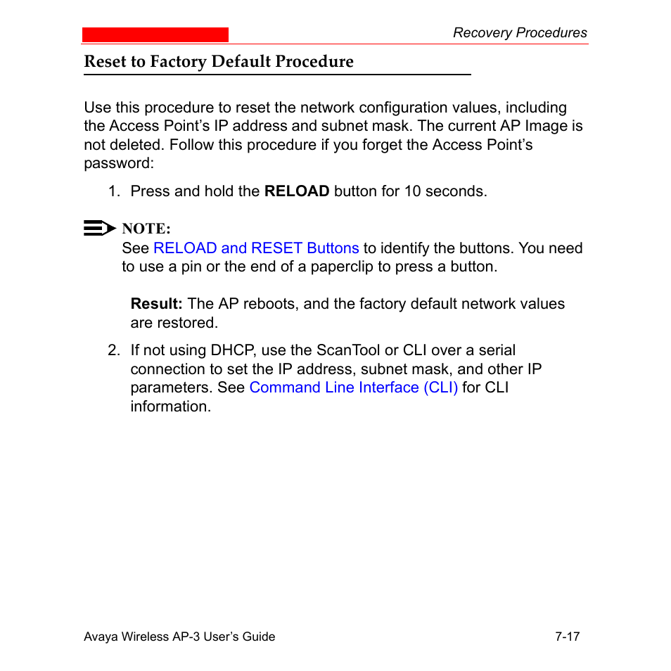 Reset to factory default procedure, Reset to factory default procedure -17, Resets | Avaya Wireless AP-3 User Manual | Page 272 / 425