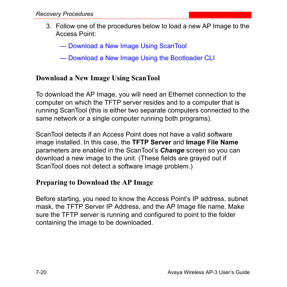 Download a new image using scantool, Preparing to download the ap image, Download a new image using scantool -20 | Preparing to download the ap image -20 | Avaya Wireless AP-3 User Manual | Page 275 / 425