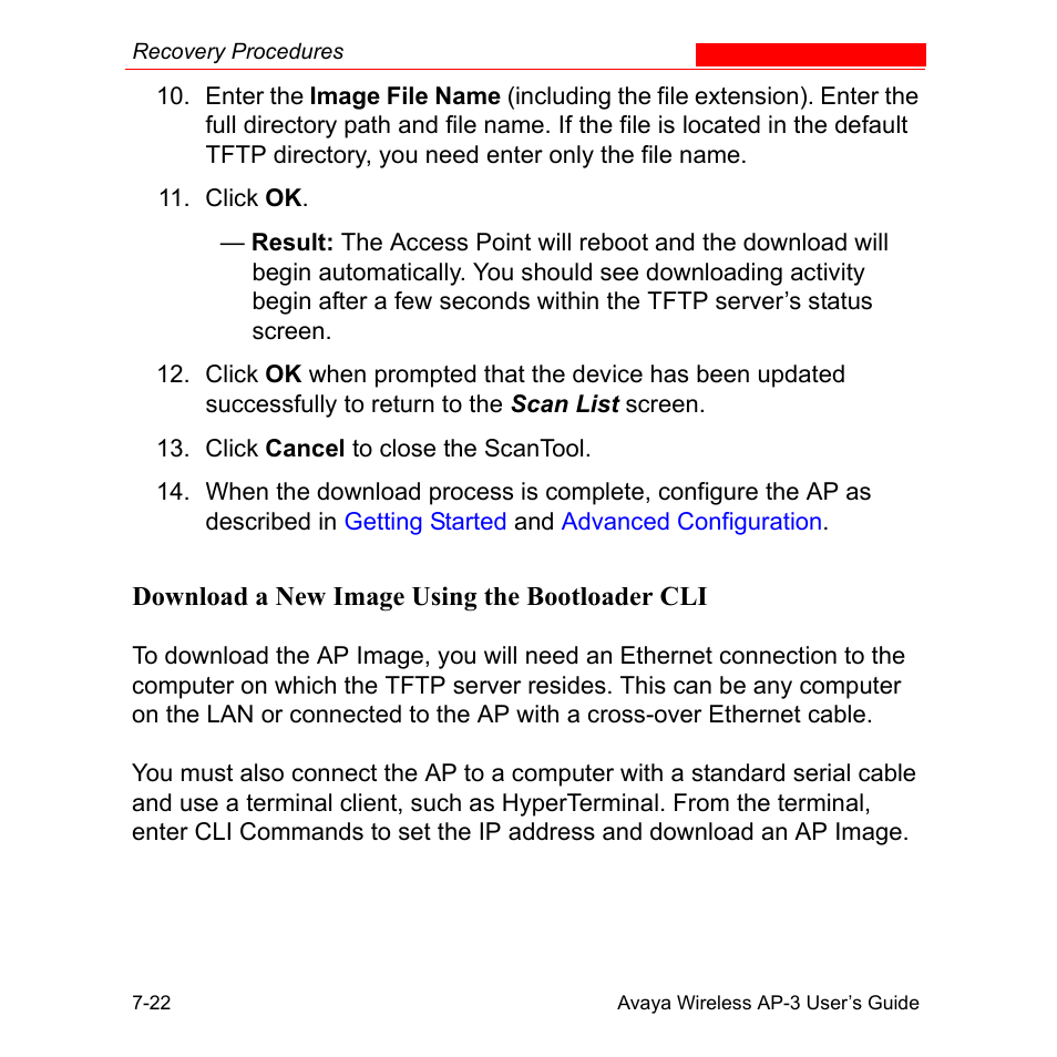 Download a new image using the bootloader cli, Download a new image using the bootloader cli -22 | Avaya Wireless AP-3 User Manual | Page 277 / 425