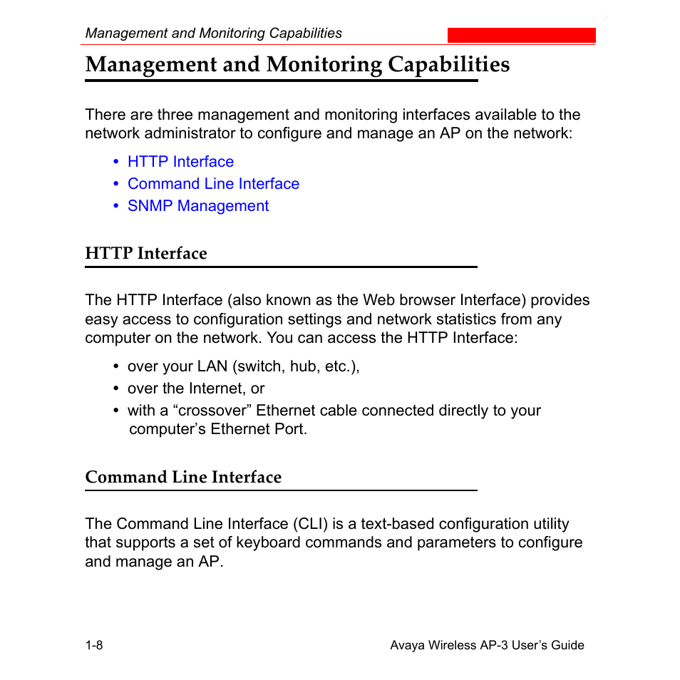 Management and monitoring capabilities, Http interface, Command line interface | Management and monitoring capabilities -8, Http interface -8 command line interface -8 | Avaya Wireless AP-3 User Manual | Page 28 / 425