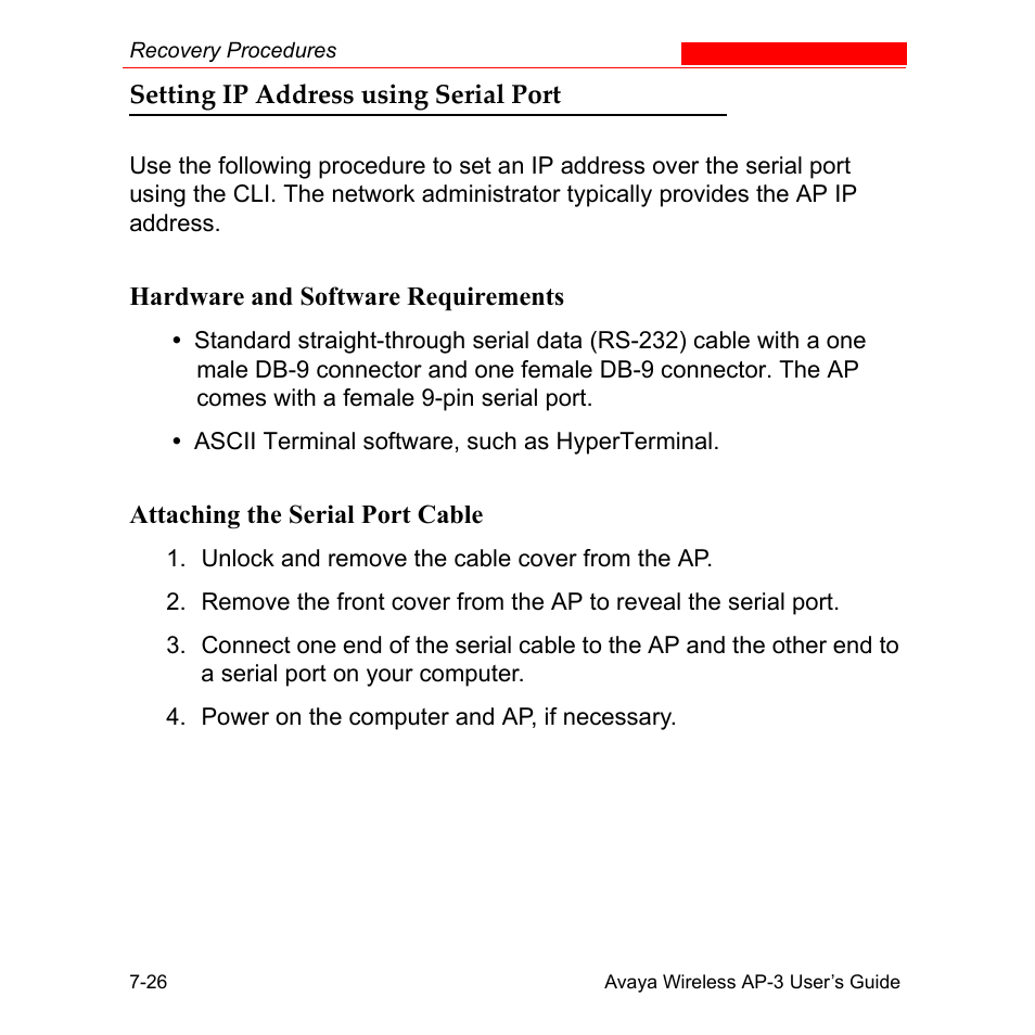 Setting ip address using serial port, Hardware and software requirements, Attaching the serial port cable | Setting ip address using serial port -26 | Avaya Wireless AP-3 User Manual | Page 281 / 425