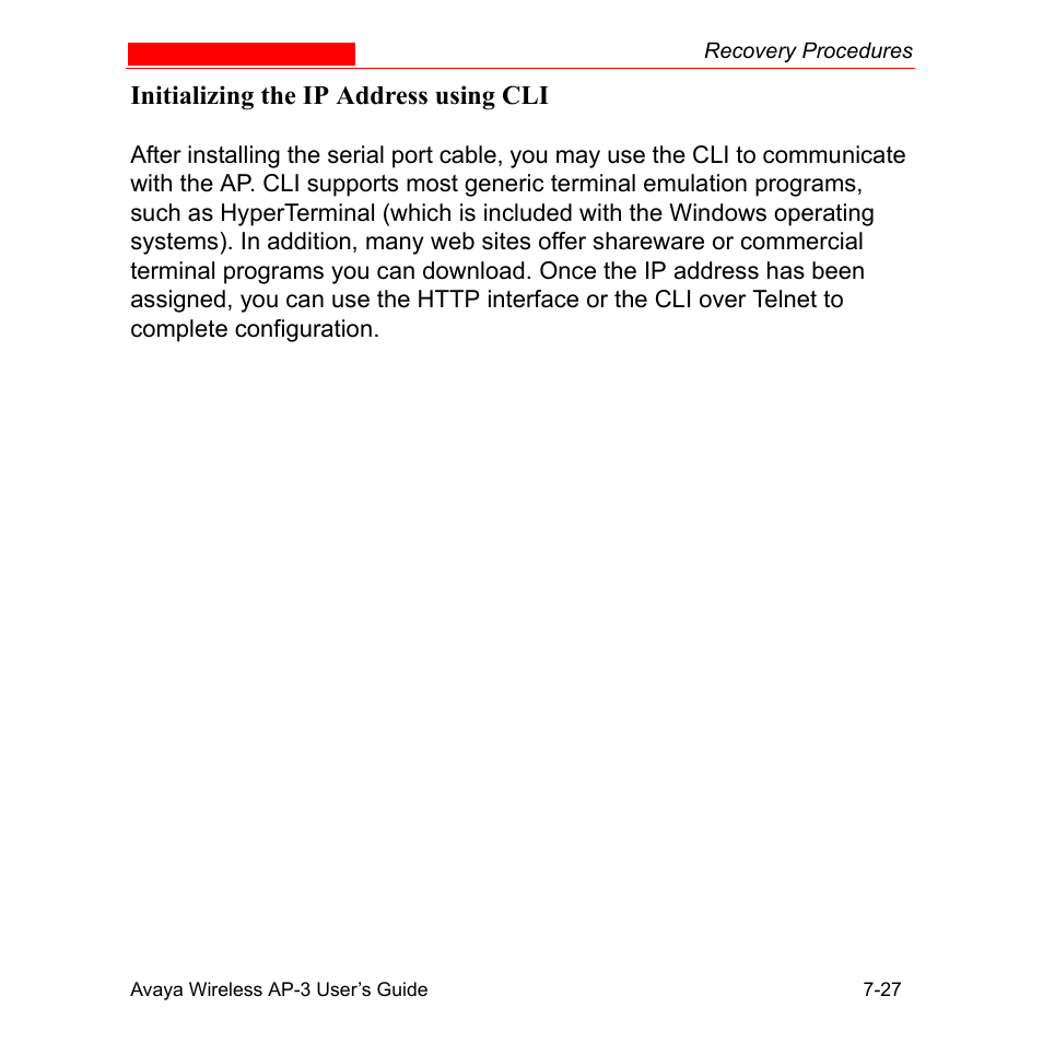 Initializing the ip address using cli, Initializing the ip address using cli -27 | Avaya Wireless AP-3 User Manual | Page 282 / 425