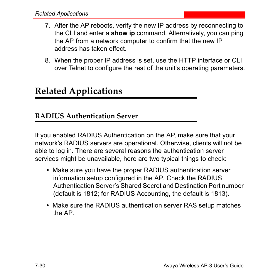 Related applications, Radius authentication server, Related applications -30 | Radius authentication server -30 | Avaya Wireless AP-3 User Manual | Page 285 / 425