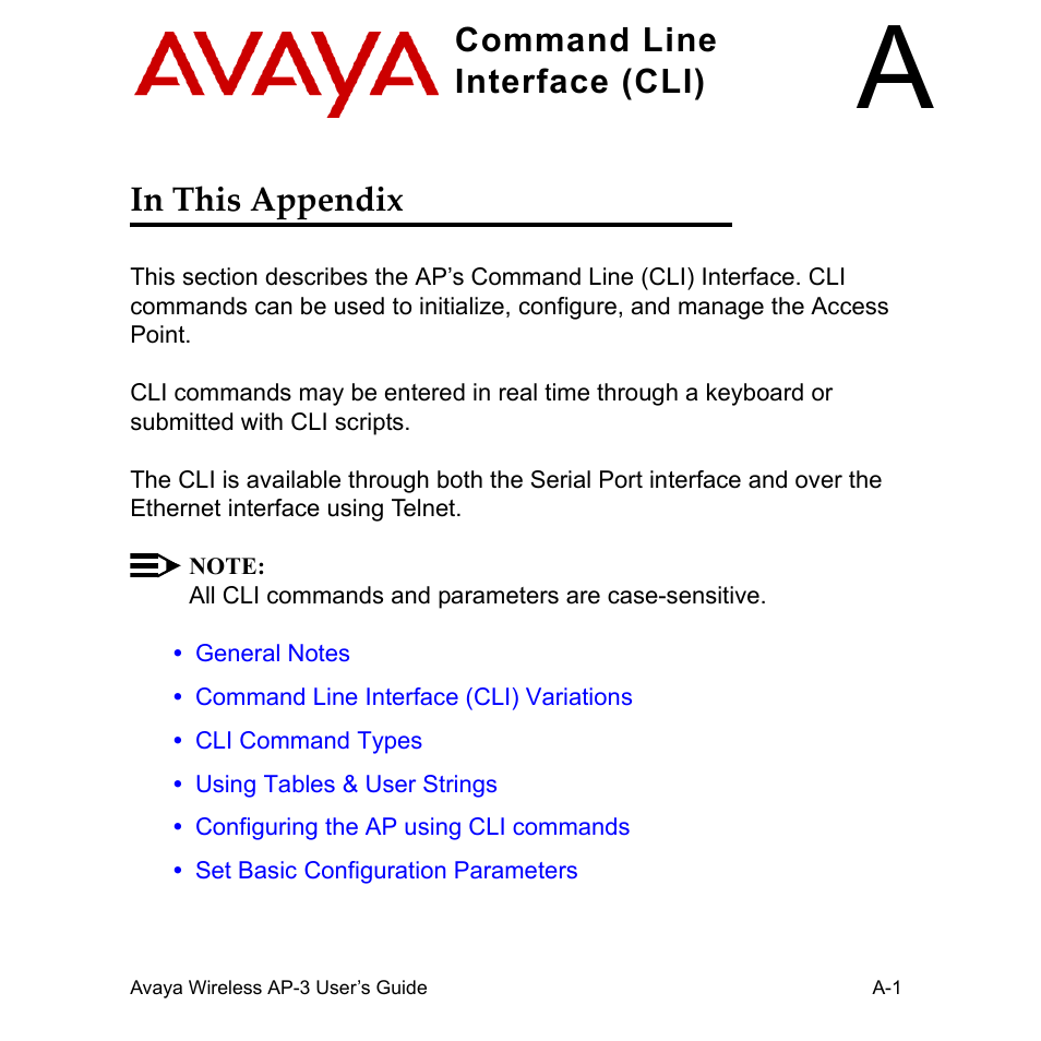 Command line interface (cli), In this appendix, Command line | Interface (cli) | Avaya Wireless AP-3 User Manual | Page 287 / 425