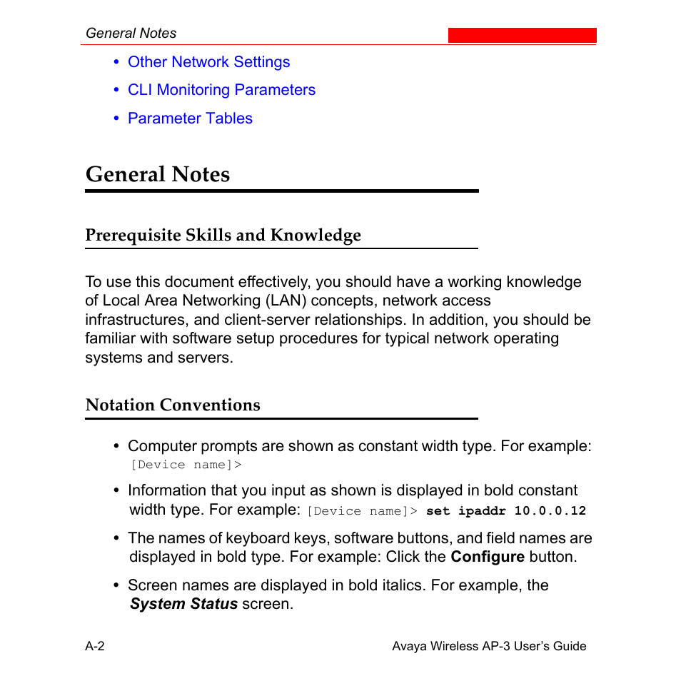 General notes, Prerequisite skills and knowledge, Notation conventions | Avaya Wireless AP-3 User Manual | Page 288 / 425