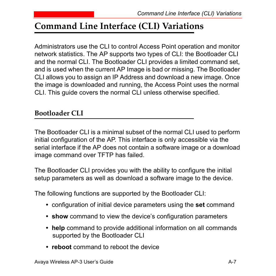 Command line interface (cli) variations, Bootloader cli | Avaya Wireless AP-3 User Manual | Page 293 / 425