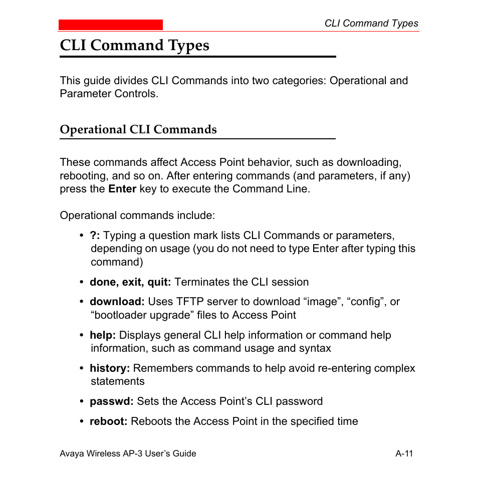 Cli command types, Operational cli commands | Avaya Wireless AP-3 User Manual | Page 297 / 425