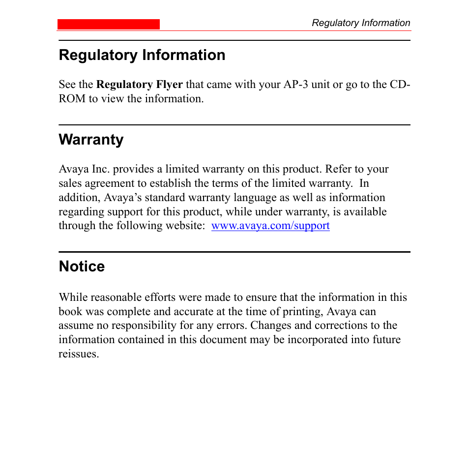 Regulatory information, Warranty, Notice | Avaya Wireless AP-3 User Manual | Page 3 / 425