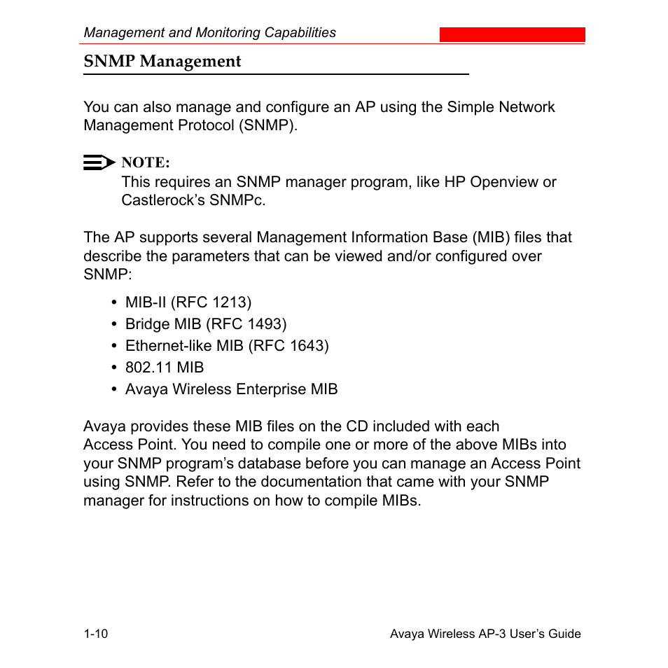 Snmp management, Snmp management -10 | Avaya Wireless AP-3 User Manual | Page 30 / 425