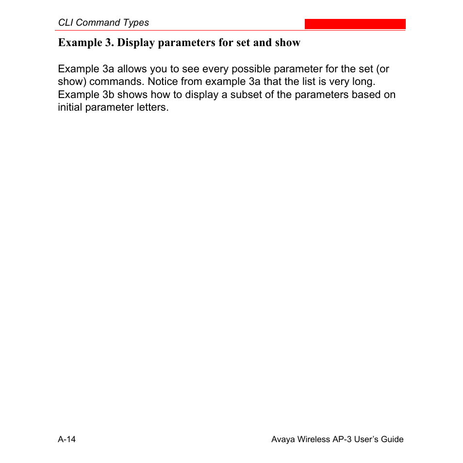 Example 3. display parameters for set and show | Avaya Wireless AP-3 User Manual | Page 300 / 425
