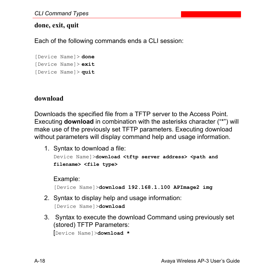 Done, exit, quit, Download | Avaya Wireless AP-3 User Manual | Page 304 / 425