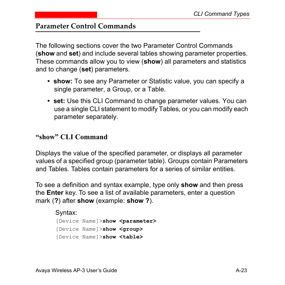 Parameter control commands, Show” cli command | Avaya Wireless AP-3 User Manual | Page 309 / 425