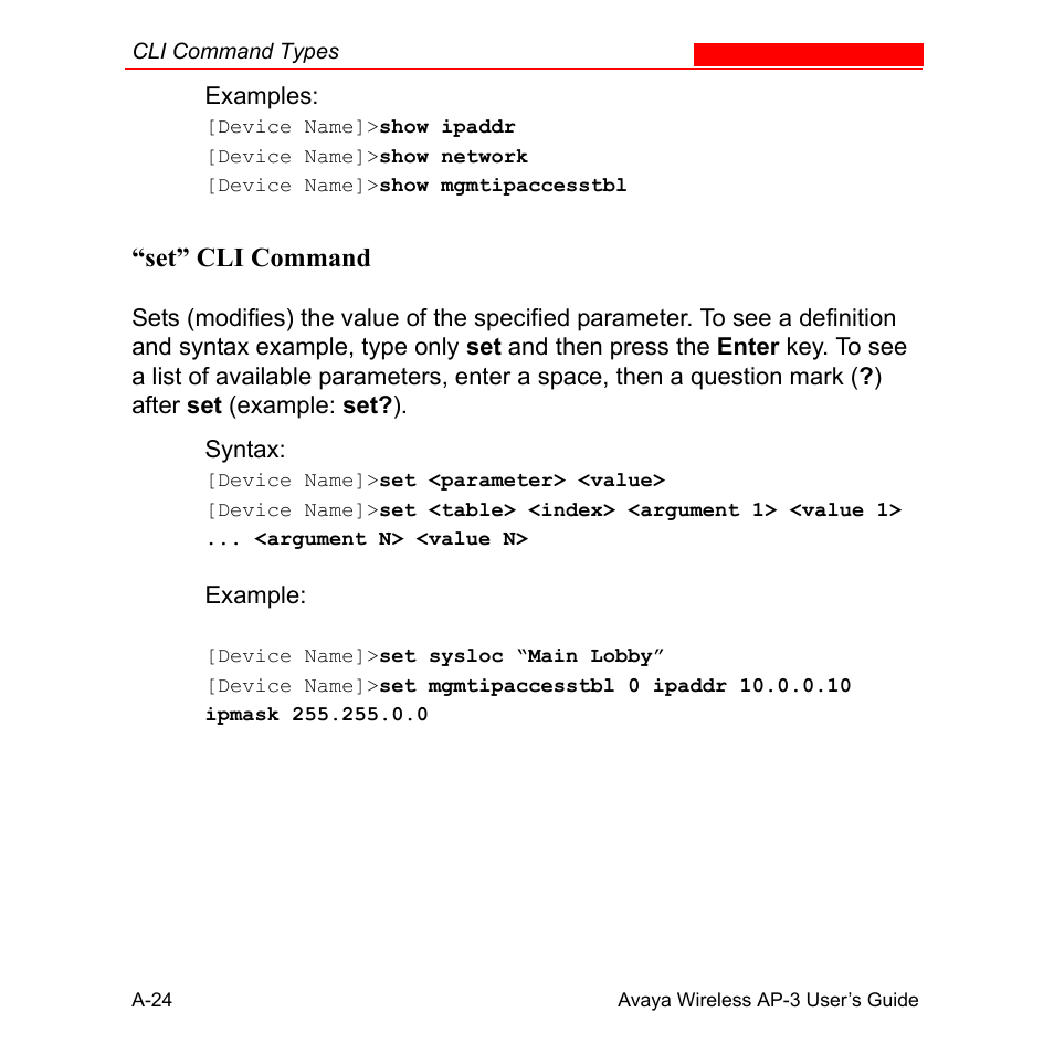 Set” cli command | Avaya Wireless AP-3 User Manual | Page 310 / 425