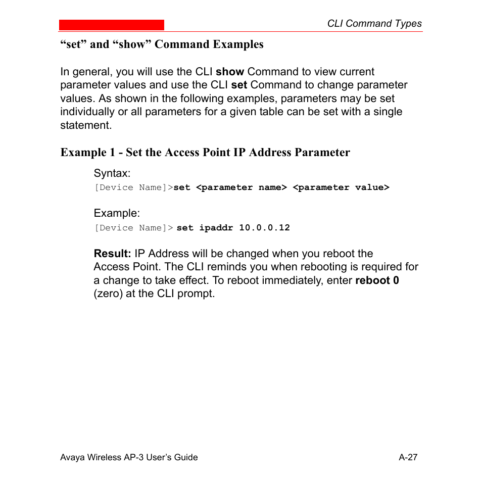 Set” and “show” command examples | Avaya Wireless AP-3 User Manual | Page 313 / 425