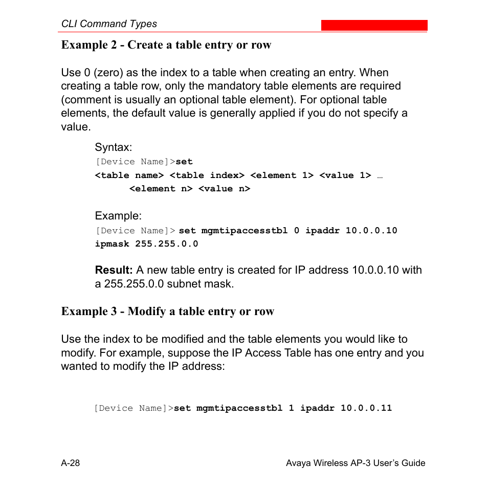 Example 2 - create a table entry or row, Example 3 - modify a table entry or row | Avaya Wireless AP-3 User Manual | Page 314 / 425