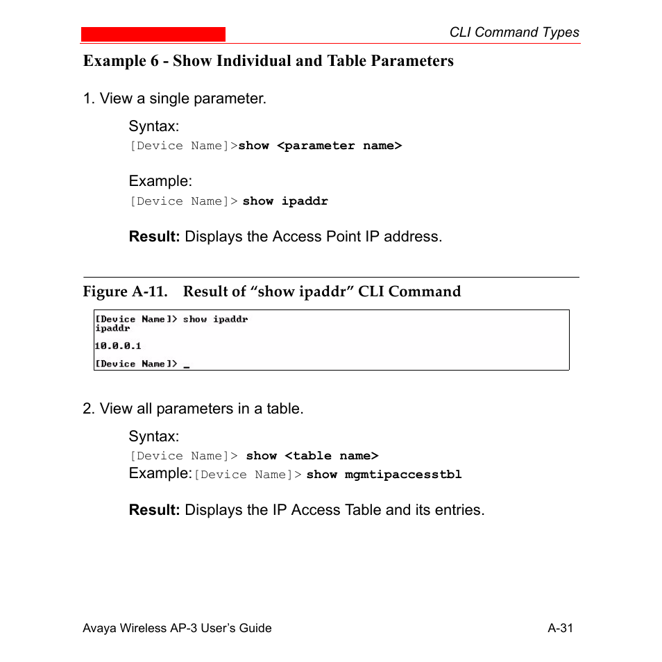 Example 6 - show individual and table parameters | Avaya Wireless AP-3 User Manual | Page 317 / 425