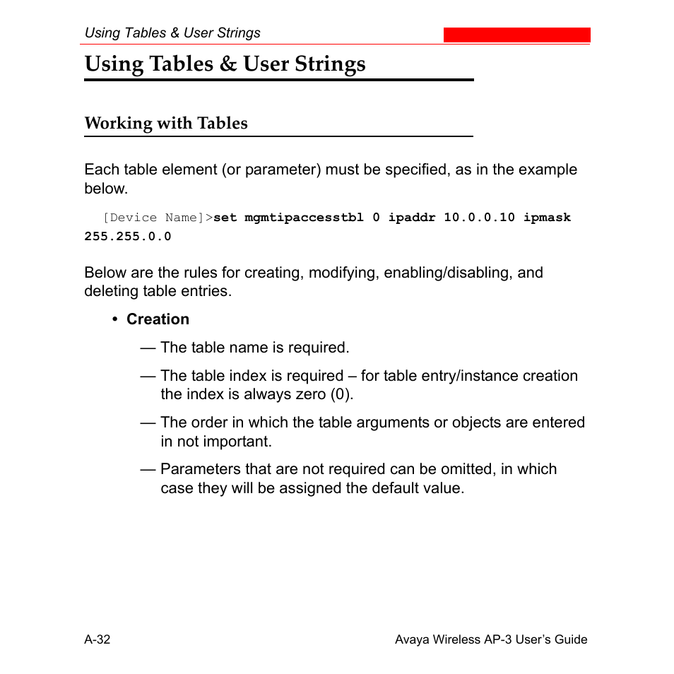 Using tables & user strings, Working with tables | Avaya Wireless AP-3 User Manual | Page 318 / 425