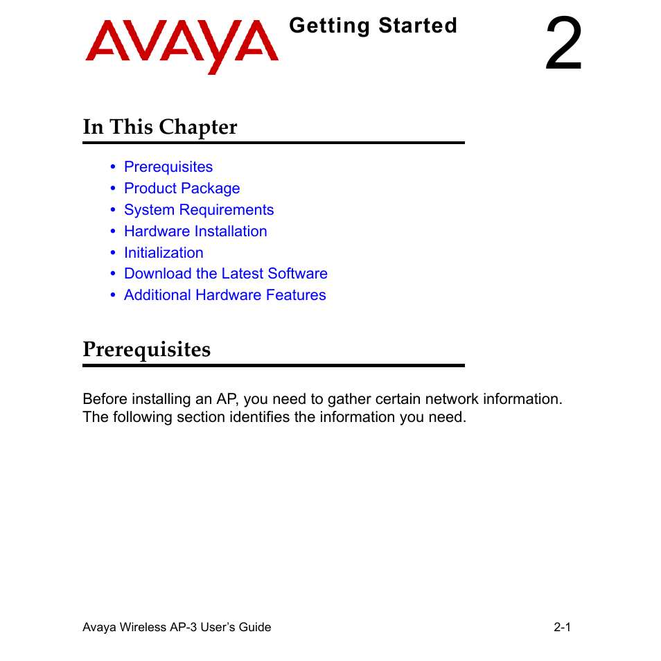 Getting started, In this chapter, Prerequisites | In this chapter -1 prerequisites -1 | Avaya Wireless AP-3 User Manual | Page 32 / 425