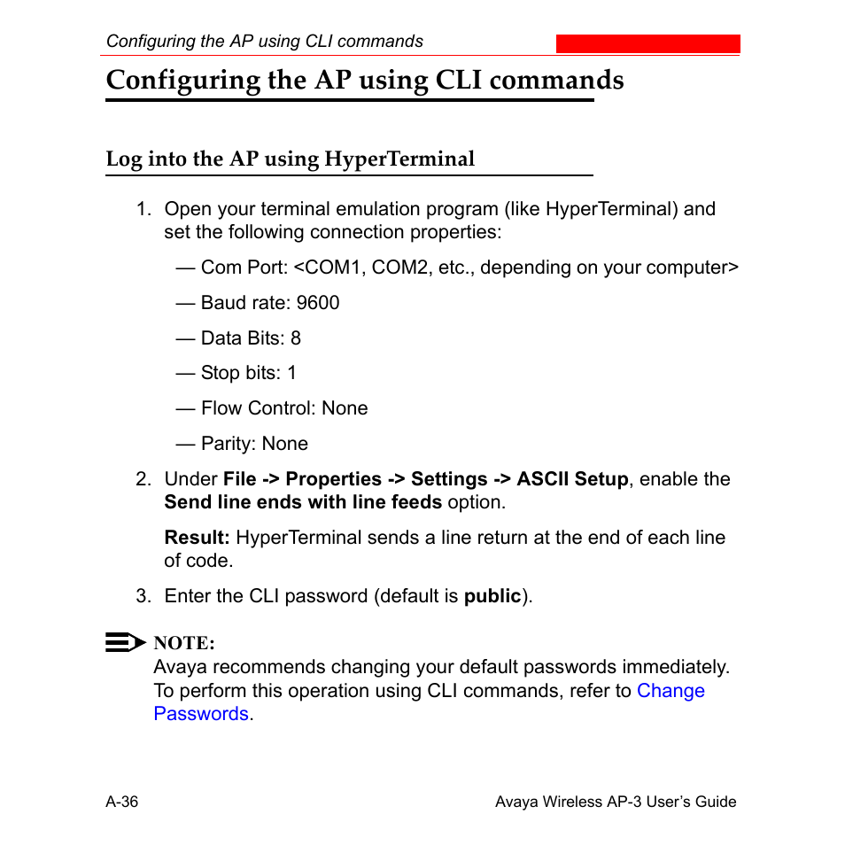 Configuring the ap using cli commands, Log into the ap using hyperterminal | Avaya Wireless AP-3 User Manual | Page 322 / 425