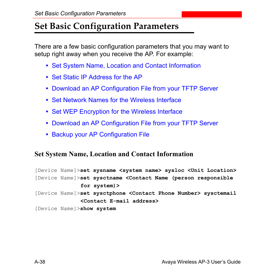 Set basic configuration parameters, Set system name, location and contact information | Avaya Wireless AP-3 User Manual | Page 324 / 425