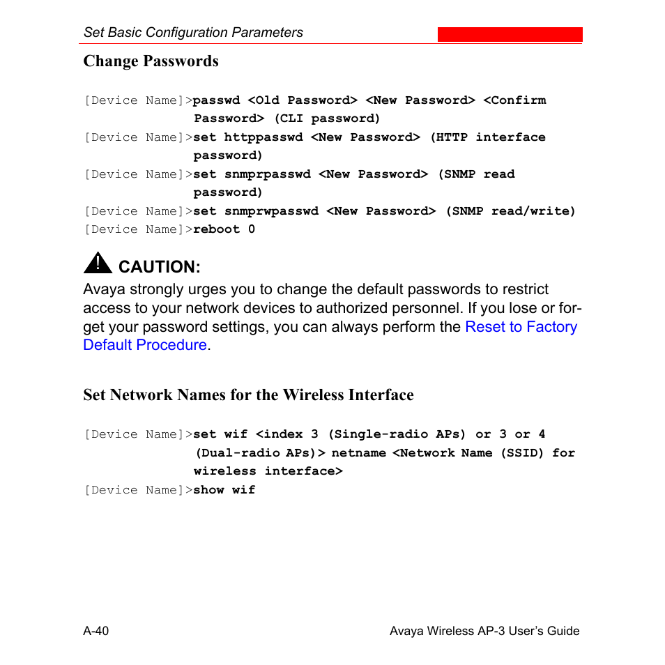 Change passwords, Set network names for the wireless interface, Caution | Avaya Wireless AP-3 User Manual | Page 326 / 425