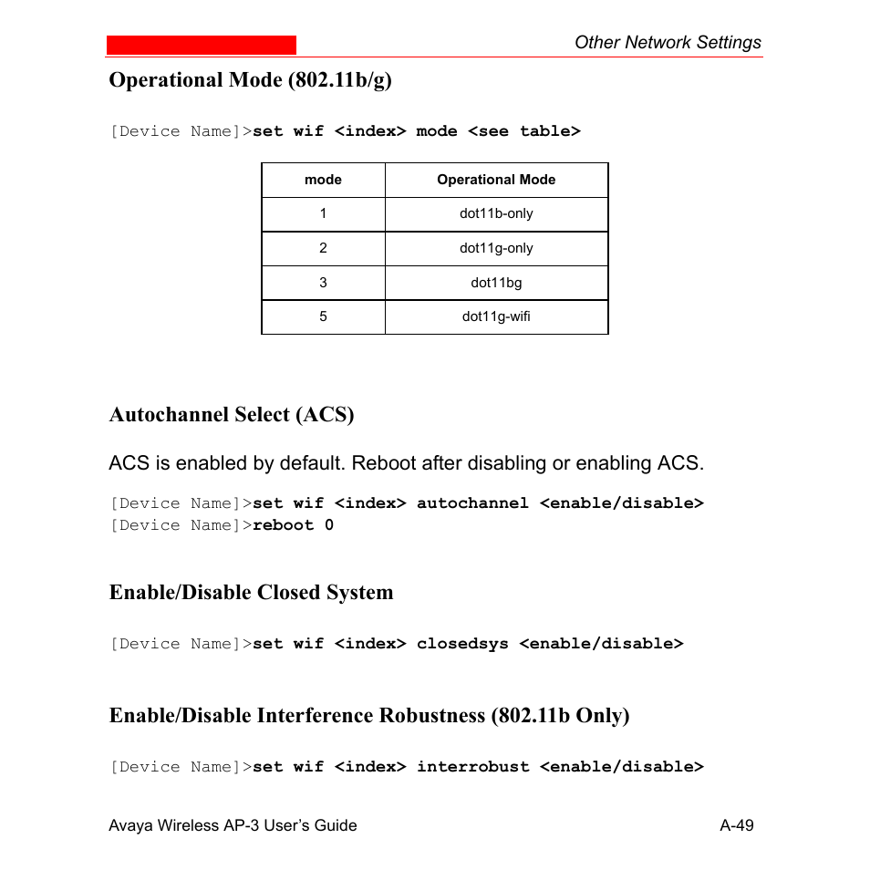 Operational mode (802.11b/g), Autochannel select (acs), Enable/disable closed system | Avaya Wireless AP-3 User Manual | Page 335 / 425