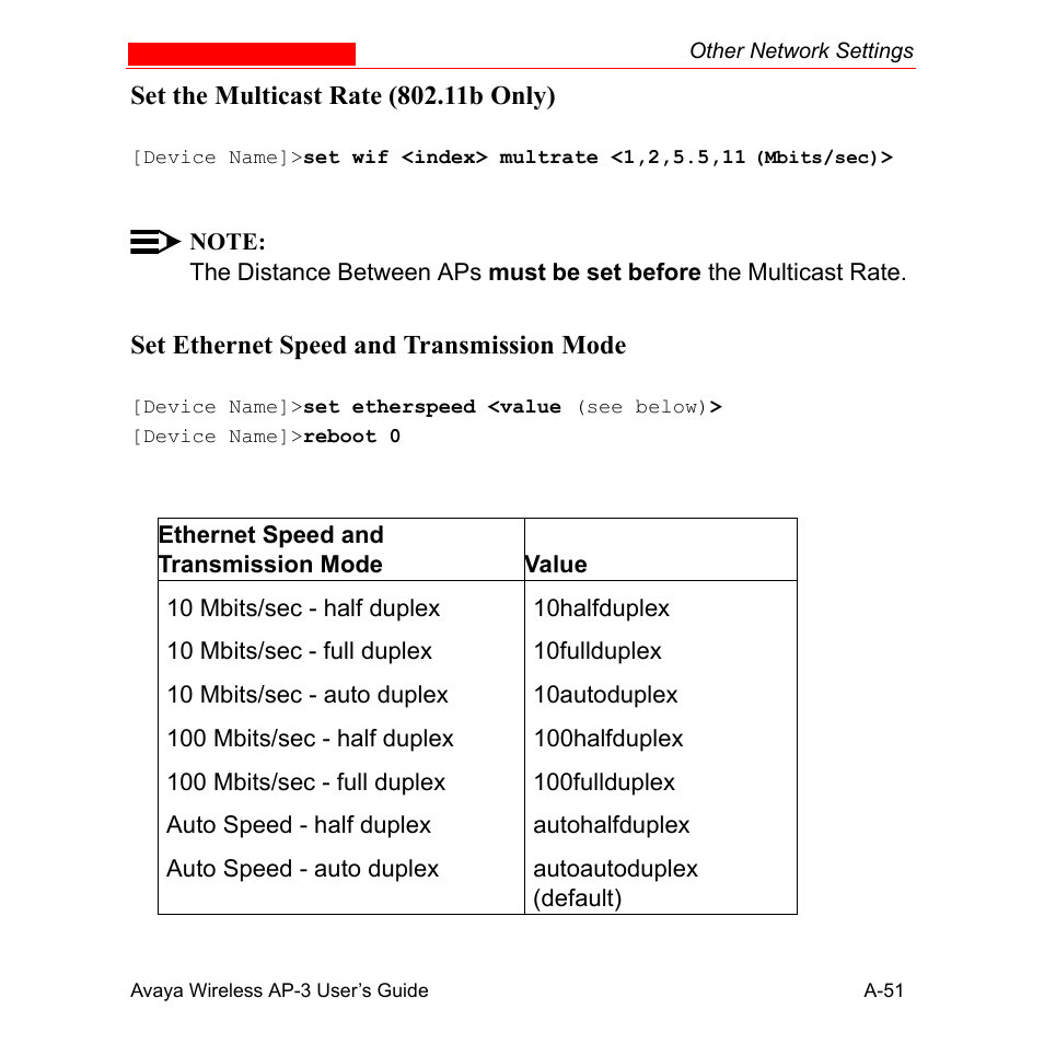 Set the multicast rate (802.11b only), Set ethernet speed and transmission mode, Set ethernet speed | And transmission mode | Avaya Wireless AP-3 User Manual | Page 337 / 425