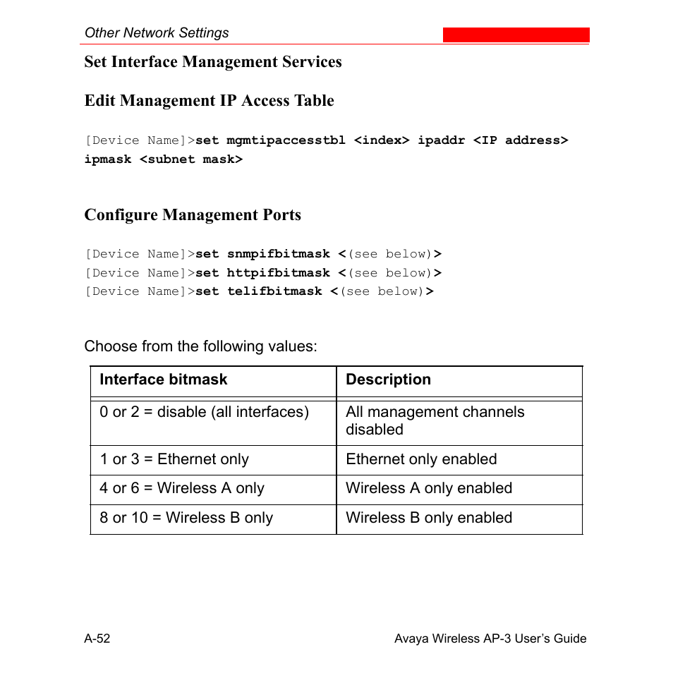 Set interface management services, Edit management ip access table, Configure management ports | Avaya Wireless AP-3 User Manual | Page 338 / 425