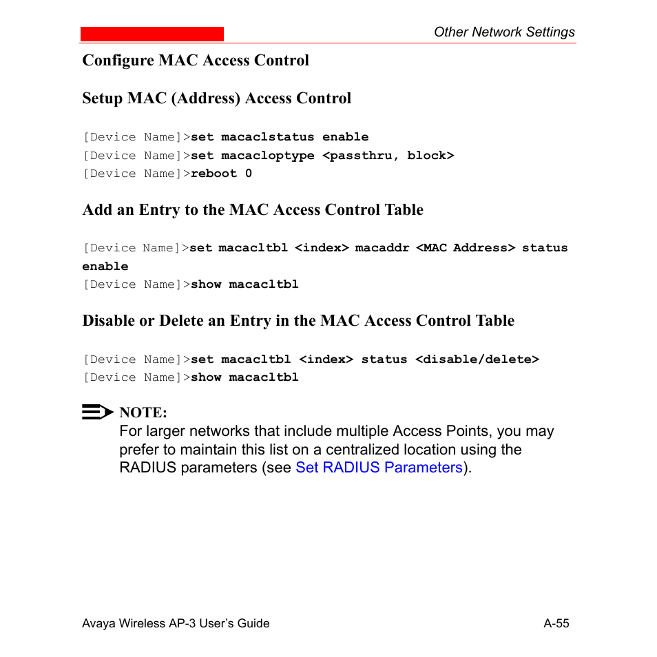 Configure mac access control, Setup mac (address) access control, Add an entry to the mac access control table | Avaya Wireless AP-3 User Manual | Page 341 / 425