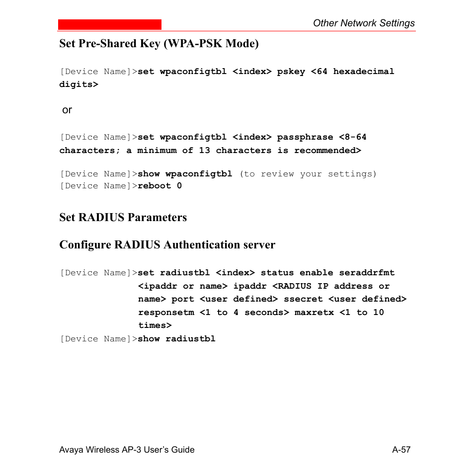 Set pre-shared key (wpa-psk mode), Set radius parameters, Configure radius authentication server | Avaya Wireless AP-3 User Manual | Page 343 / 425
