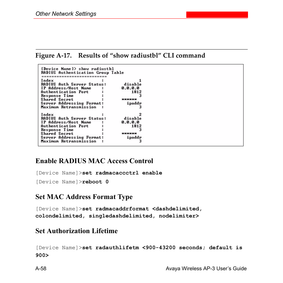 Enable radius mac access control, Set mac address format type, Set authorization lifetime | Avaya Wireless AP-3 User Manual | Page 344 / 425