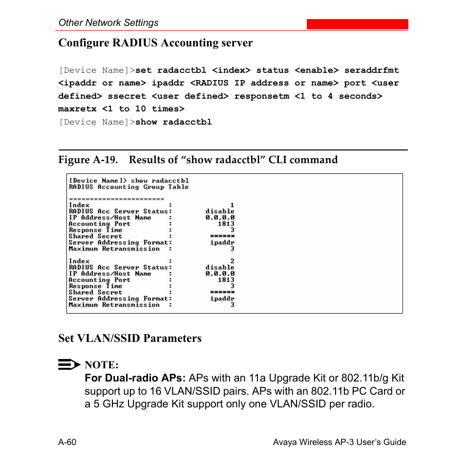 Configure radius accounting server, Set vlan/ssid parameters | Avaya Wireless AP-3 User Manual | Page 346 / 425