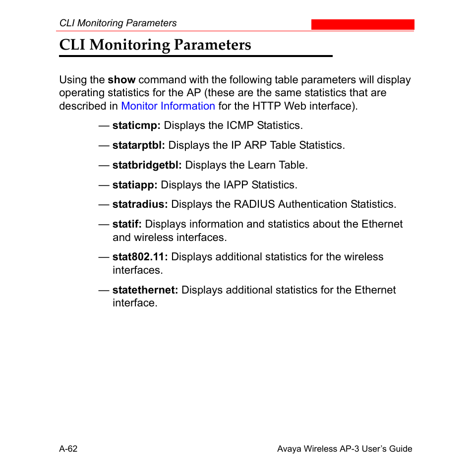 Cli monitoring parameters | Avaya Wireless AP-3 User Manual | Page 348 / 425