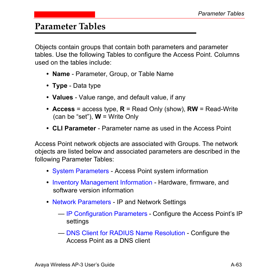 Parameter tables | Avaya Wireless AP-3 User Manual | Page 349 / 425