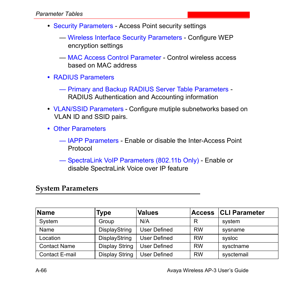 System parameters | Avaya Wireless AP-3 User Manual | Page 352 / 425