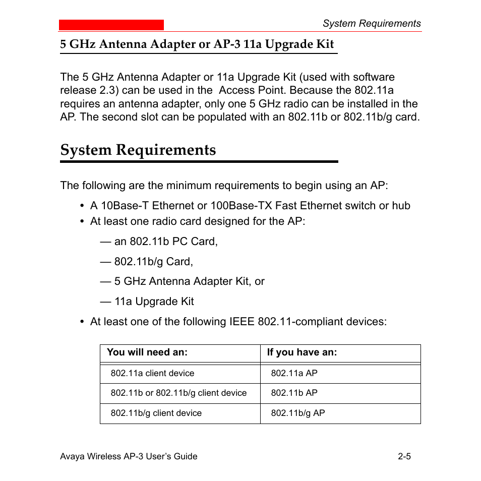 5 ghz antenna adapter or ap3 11a upgrade kit, System requirements, 5 ghz antenna adapter or ap-3 11a upgrade kit -5 | System requirements -5, 5 ghz antenna adapter or ap-3 11a upgrade kit | Avaya Wireless AP-3 User Manual | Page 36 / 425