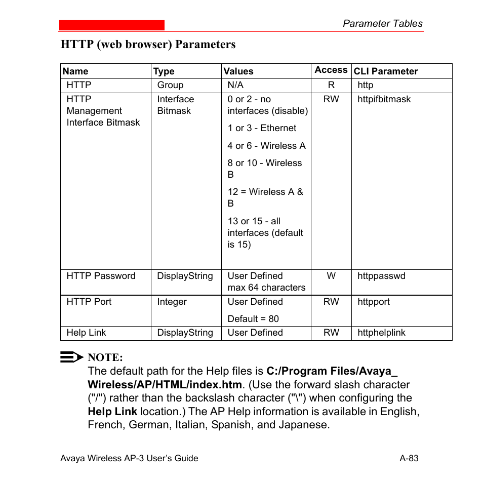 Http (web browser) parameters | Avaya Wireless AP-3 User Manual | Page 369 / 425