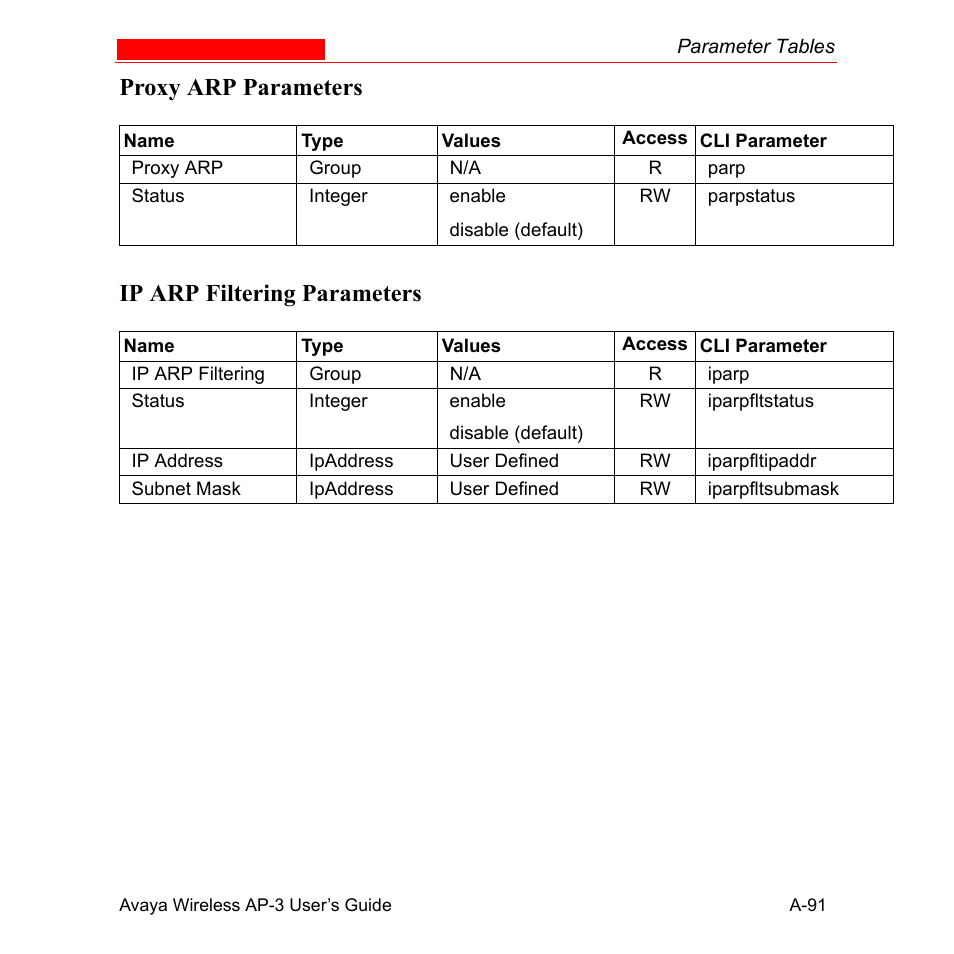 Proxy arp parameters, Ip arp filtering parameters, Proxy arp parameters ip arp filtering parameters | Avaya Wireless AP-3 User Manual | Page 377 / 425