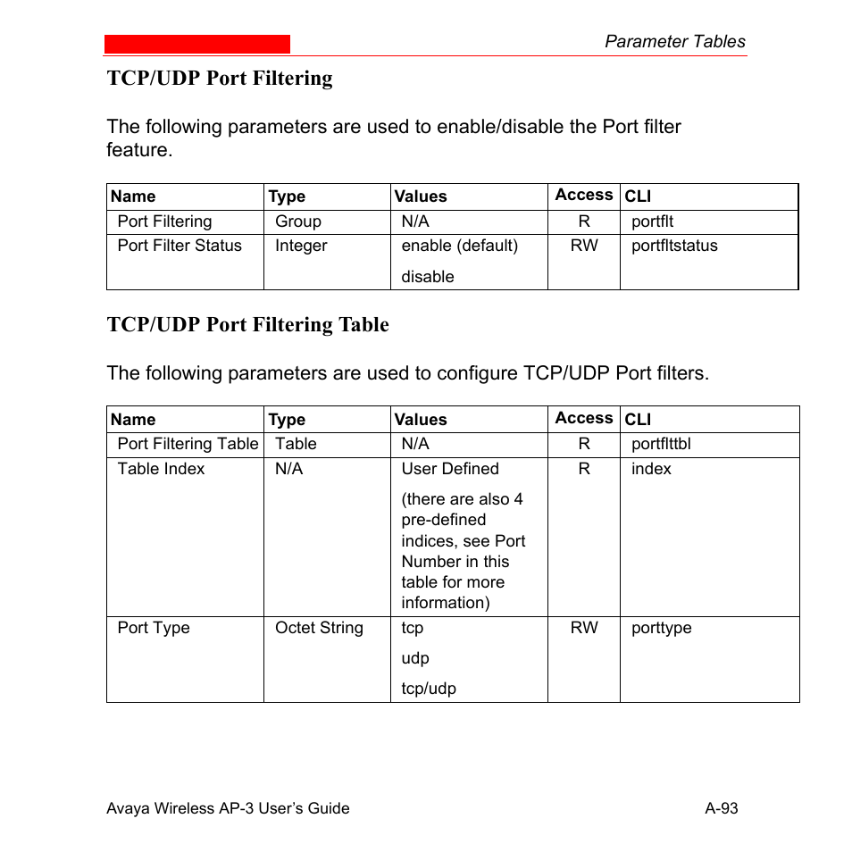 Tcp/udp port filtering, Tcp/udp port filtering table, Filte | Avaya Wireless AP-3 User Manual | Page 379 / 425