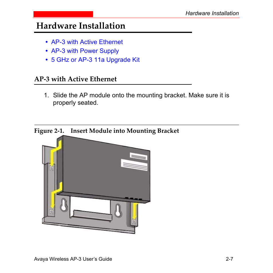 Hardware installation, Ap3 with active ethernet, Hardware installation -7 | Ap-3 with active ethernet -7 | Avaya Wireless AP-3 User Manual | Page 38 / 425
