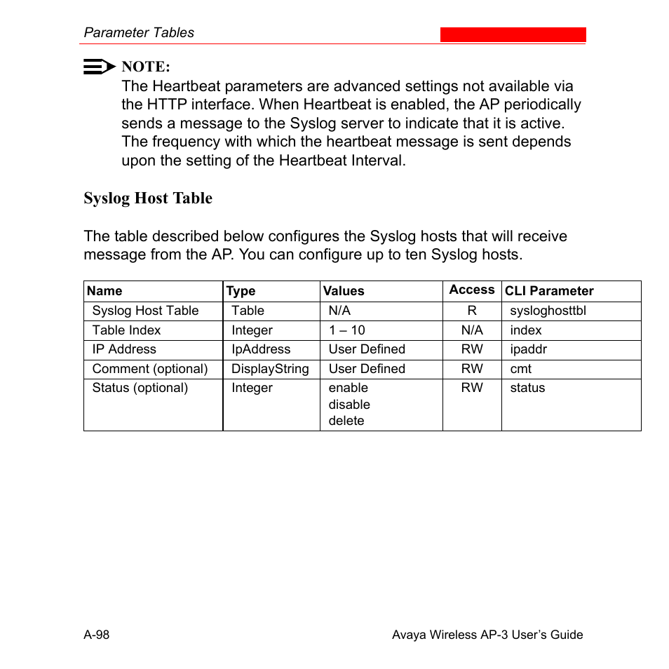 Syslog host table | Avaya Wireless AP-3 User Manual | Page 384 / 425