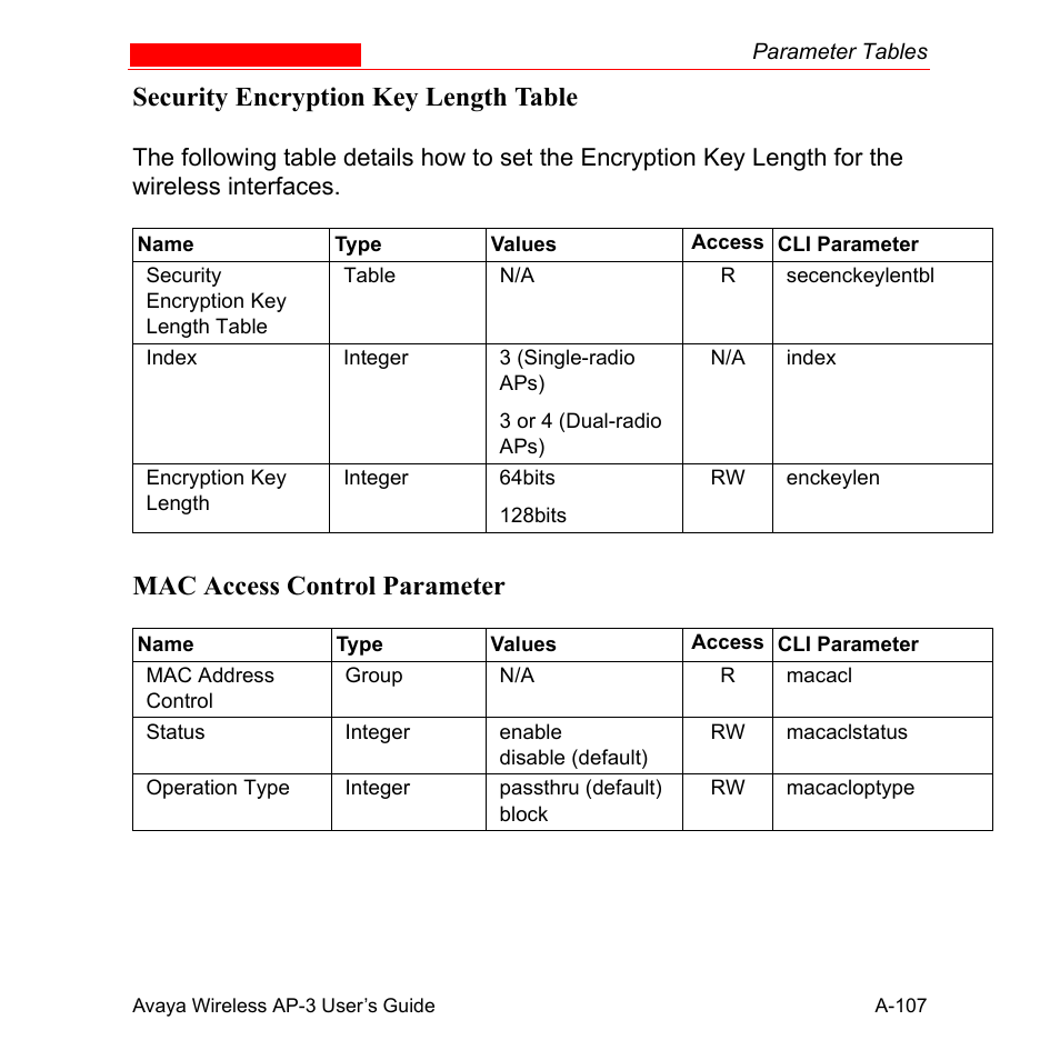 Security encryption key length table, Mac access control parameter | Avaya Wireless AP-3 User Manual | Page 393 / 425
