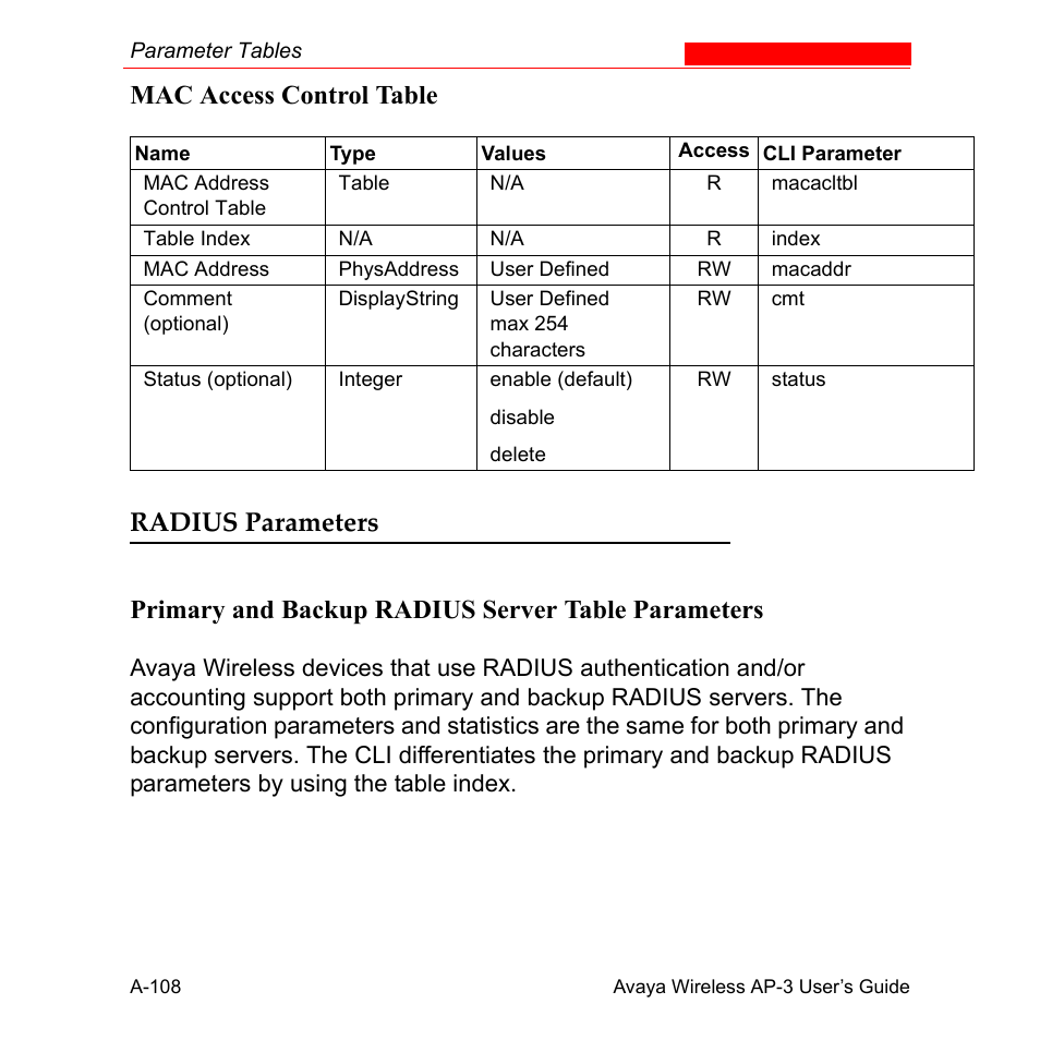 Mac access control table, Radius parameters, Primary and backup radius server table parameters | Avaya Wireless AP-3 User Manual | Page 394 / 425