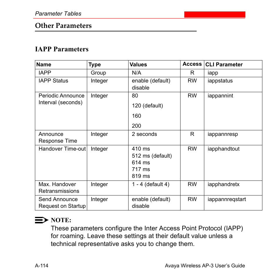 Other parameters, Iapp parameters, Other parameters iapp parameters | Avaya Wireless AP-3 User Manual | Page 400 / 425