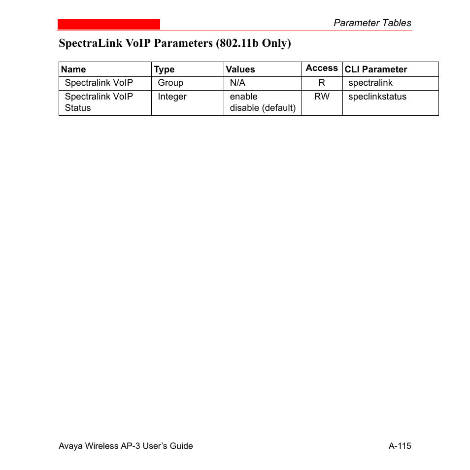 Spectralink voip parameters (802.11b only) | Avaya Wireless AP-3 User Manual | Page 401 / 425