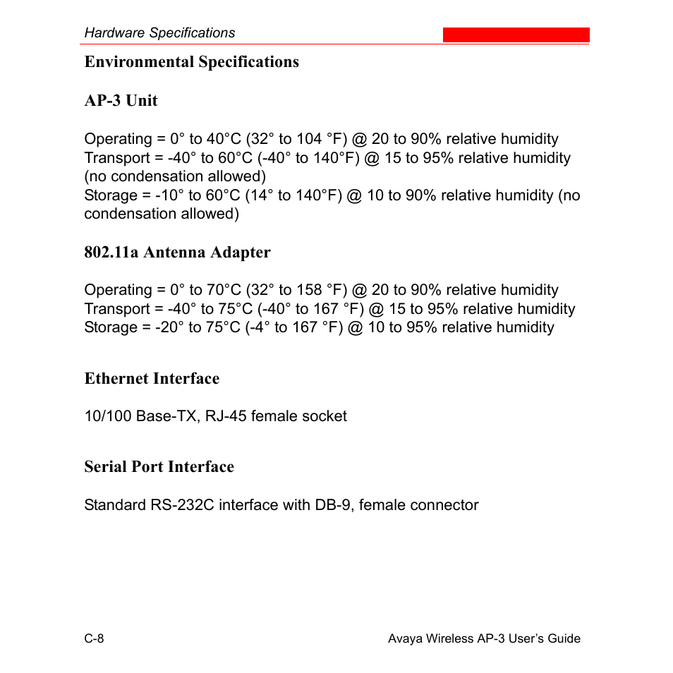 Environmental specifications, Ap3 unit, 11a antenna adapter | Ethernet interface, Serial port interface | Avaya Wireless AP-3 User Manual | Page 411 / 425