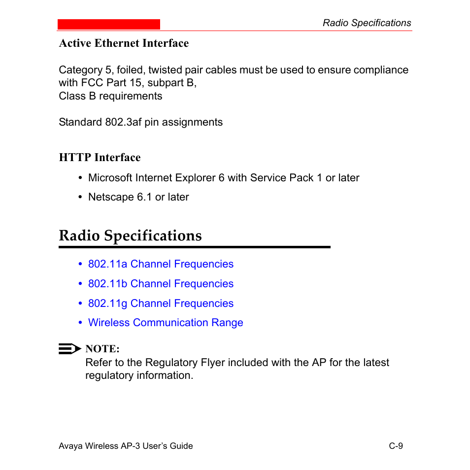 Active ethernet interface, Http interface, Radio specifications | Avaya Wireless AP-3 User Manual | Page 412 / 425
