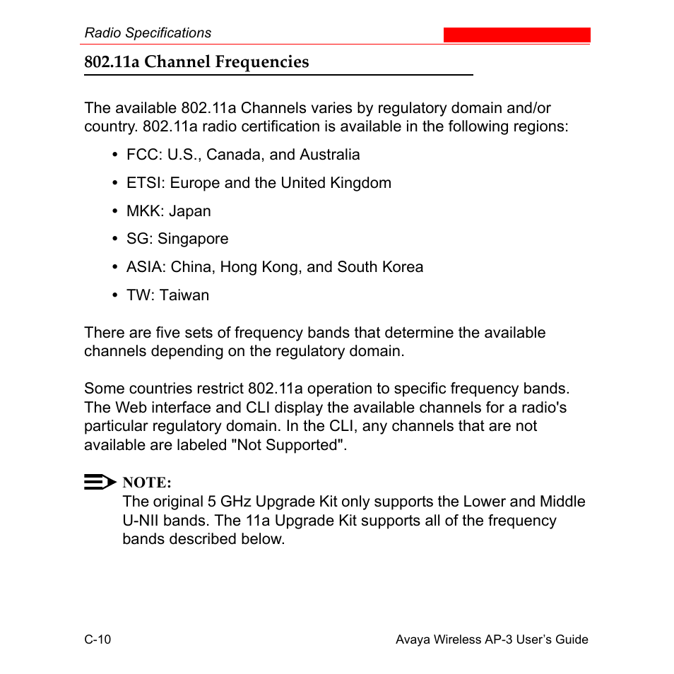 11a channel frequencies, Channel frequencies, Ils). see | 11a channel, Frequencies, Ain. see, Note that | Avaya Wireless AP-3 User Manual | Page 413 / 425