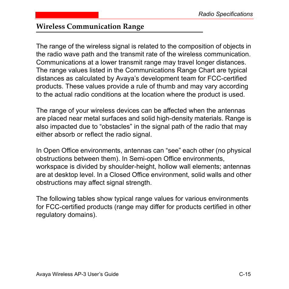 Wireless communication range | Avaya Wireless AP-3 User Manual | Page 418 / 425